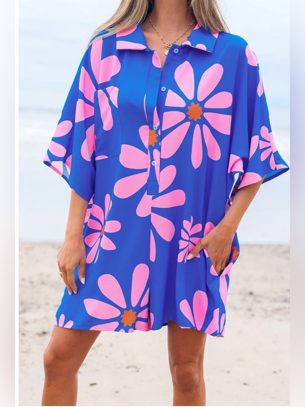 NEW Blue “Flower Power” Romper/Shorts with Pink Daisies - Picture 7 of 16